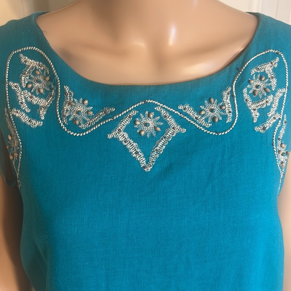 Sag Harbor  Linen Embroidered Teal Green Dress - Picture 2 of 8